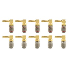 Nakamichi FanLock Excel Series 24k Gold Plated Right-Angle 90 Degree Banana Plug 10 AWG - 18 AWG Gauge Size 4mm for Speakers Amplifier Hi-Fi Home Theatre Wire Cable Quick Connector, 10 Pcs (5-Pairs)