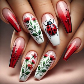 24PCS Flower Press on Nails Long Coffin Fake Nails Flower with Gradient Big Ladybug Design Red Acrylic Nails Full Cover Artificial Nails Glossy Glue on Nails Reusable Stick on Nails for Women Manicure