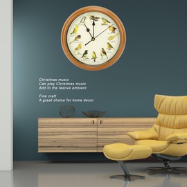 Wall Clock Bird Song Clock Original with 12 Native Songbirds Night Rest Time Original Nature Shots Home Decor Decorative Clock Non Ticking (Brown)