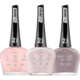 MASGLO GEL EVOLUTION Nail Polish Gel Effect, No UV/Led Lamp, Duration Up to 12 days, 3 PCs Shades of Nude Color - Kit 3 Esmaltes efecto Gel sin lampara UV/Led, hasta 12 días de duración, 0,5 Fl. Oz.