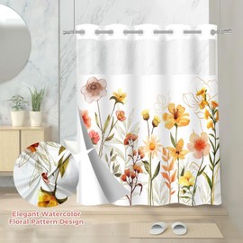 SSCRCUSLY No Hook Floral Shower Curtain with Snap in Liner Set, Wildflower Style with Inner Liner Washable for Bathroom, 71x74 Inches