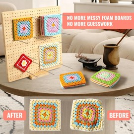 9x9 Inch Crochet Blocking Board, Bamboo Granny Square Blocking Mat with 12 Stainless Steel Pegs, Wooden Base and 5 Yarn Needles, Gifts for Crocheters