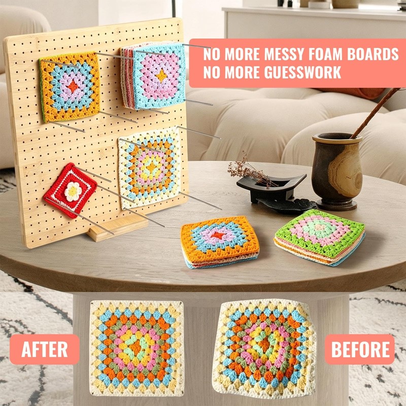 9x9 Inch Crochet Blocking Board, Bamboo Granny Square Blocking Mat