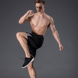 HRUI Men's Four Seasons Running Shorts, Sweat Absorbent, Quick Drying Fitness Shorts, Adjustable, Sportswear, Set of 2, black red,