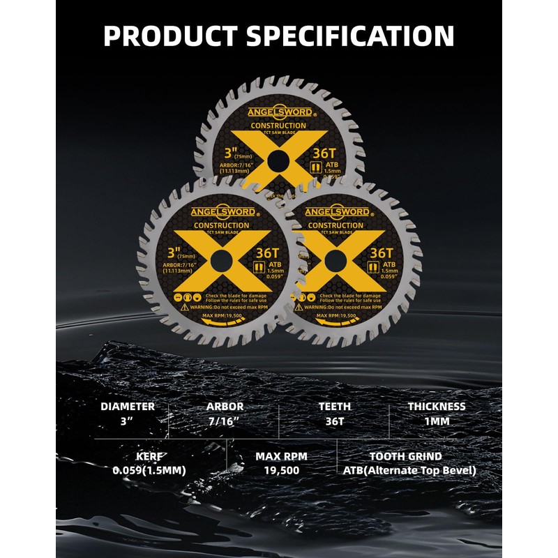 ANGELSWORD 3 Inch Circular Saw Blade, 7/16" Arbor 36T, for