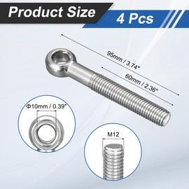 sourcing map 4Pcs M12 x 85mm Lifting Eye Bolts, 304 Stainless Steel Machinery Shoulder Swing Bolt Lifting Ring Eyebolt for Pipeline Gate Valves, Building Steel Pipe Fasteners, Silver
