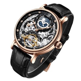 IK COLOURING Mens Luxury Skeleton Automatic Mechanical Wrist Watches Leather Moon Phrase Luminous Hands Self-Wind Watch (Gold)