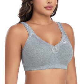 DotVol Women's Comfort Cotton Bra Full Coverage Wirefree Embroidered Lace Non Padded Lift Everyday Bras(Grey,42B)