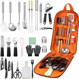 Hozzen Camping Cooking Utensil Set - 33 Pcs Camping Cookware Set, Portable Car Camp Essentials for Cooking and Grilling,Ideal Gift for RV Tent Camper, Picnics, BBQs, Parties