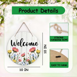 Welcome Sign for Front Door, Spring Flower Welcome Door Sign Decoration, Welcome Spring Round Decorative Wall Sign, Rustic Wooden Hanging Sign for Farmhouse Home Porch Living Room -06