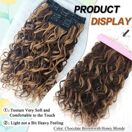 LEOSA Curly Hair Extensions, 4PCS 16 inch Clip in Hair Extensions Short Soft Natural Hairpiece Lace Weft Curly Wave Clip Ins Extensions Invisible for Women,Chocolate Brown with Honey Blonde