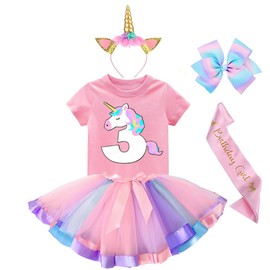 Hewtwerck Unicorn Birthday Outfit for Girls - Unicorn Shirt Tutu Skirt Dress with Headband Hair Bow & Satin Sash (3 Years, Pink)