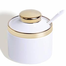 HAOTOP 8 oz Sugar Bowl with Lid and Spoon, Simple Ceramic Sugar Jar Sugar Dispenser Sugar Container Coffee Bar Accessories, Modern Kitchen Countertop Canisters, White