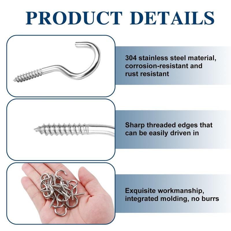 Batheidon Pack of 20 stainless steel screw hooks, rust-proof hooks