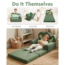 TinyPalsa Kids Couch, Convertible Sofa to Lounger Fold Out, Green Dinosaur Design Chair for Toddlers 1-3, Gift for Movie Night, Camping, and Napping