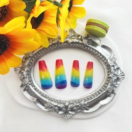 Extra Long Press on Nails Coffin Fake Nails with Rainbow Glitter Designs Glossy Glue on Nails Cute Acrylic Nails Colorful False Nails Full Cover Artificial Stick on Nails for Women 24Pcs