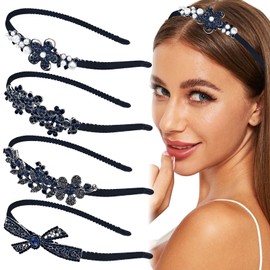 4 PACK Flower Headbands For women, Pearls Rhinestone Hair Accessories for Women Girls, Crystal Headband Luxury Vintage Shiny Butterfly Hair Bands for Women's Hair