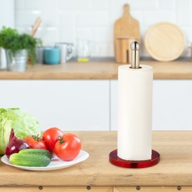 Relaxdays Standing Kitchen Roll Holder, Stainless Steel, Paper Roll Holder for Kitchen, H x D: 35 x 15 cm, Roll Holder, Silver/Red