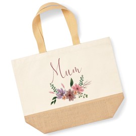Lovely Mothers Day Shopper Bag - Mum Flowers - Jute Canvas X-Large Tote Bag - Mothers Day Mum Mom Mummy XL natural