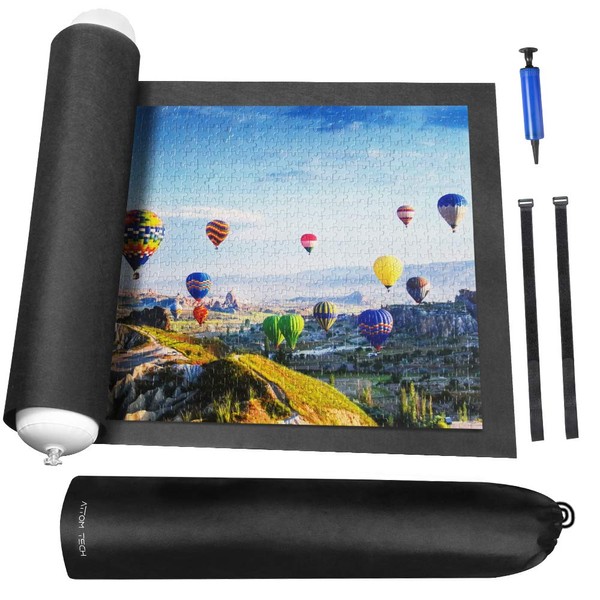 Rollable Jigsaw Puzzle Mat with Storage Bag, Store Puzzle for Next Play, Jigsaw Puzzle Roll Mat Board Up to 1500 Pieces Felt Mat Inflatable Tube, Inflator and Fasteners Strap(46.5 x 26.5 inch)