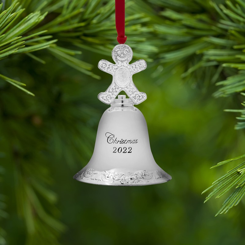 Wallace 2022 Silver-Plated Grande Baroque Bell Ornament w/Gingerbread Man Finial,