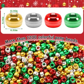 UPINS Christmas Metallic Pony Beads,1200Pcs Red Green Silver Gold Silver Plastic Craft Beads for Jewelry Making Christmas Necklace Bracelets Hair Beads DIY Crafts Hanging Ornament Supplies