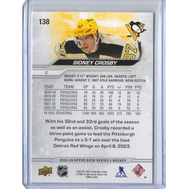 2023-24 Upper Deck Hockey #138 Sidney Crosby Hockey Card Pittsburgh