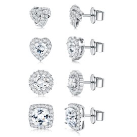 Sllaiss 4 Pairs 925 Sterling Silver Cubic Zirconia Stud Earrings for Women White Gold Plated Heart Big Stud Earrings Studs Jewellery Set