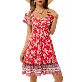 MSBASIC Summer Dresses for Women 2025 Sweetheart Neckline Ruffle Sleeve Midi Casual Empire Waist Sundress(Red Floral,Small)