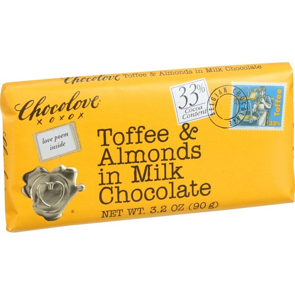 Chocolove Xoxo Milk Choc Toffee Almond Bar 3.2 Oz -Pack of 12