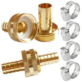 Uenede Solid Brass Garden Hose Repair Connector with Clamps, Fit for 1/4" Garden Water Hose Fitting, 3/4"GHT Male and Female Garden Hose Fitting, 2 Set