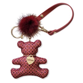 [byDream] Bear Key Chain, Bear Bag Charm, Plush Bear Keychain, Cloth Genuine Leather Strap, Real Mink Four, Comes with Pom Poms, Stylish, Cute, Strap, Bag, Gift, Present, Animal, Animal Charm,
