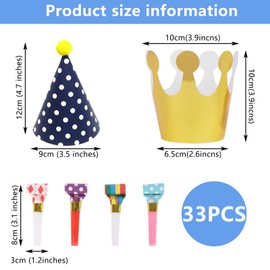 WNXBFO 33 PCS Party Hats, Birthday Party Cone Hats Crowns, Party Blowouts, Paper Party Hats and Blowouts Set for Boys Birthday Dress Up Party Decoration For Children and Adults