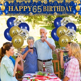 65th Birthday Decorations for Men Women Navy Blue and Gold,Happy 65th Blue Gold Birthday Yard Banner Latex Birthday Balloons Inflatable Confetti Decor for 65 Anniversary Party Indoor Outdoor Supplies