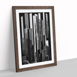Monochrome City Skyline Abstract No.4 Framed Print for Living Room Bedroom Home Office Décor, Wall Art Picture Ready to Hang, Walnut A4 Frame (34 x 25 cm)
