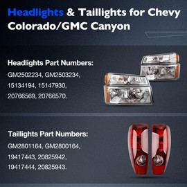 Misakomo Headlights Tail Lights Combo - Compatible with 2004-2012 Chevy Colorado/GMC Canyon, 2006-2008 Isuzu I-Series - Headlamp Taillight Replacement for GM2502234, GM2503234 and GM2801164, GM2800164