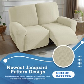 JIVINER 4 Pieces Recliner Loveseat Covers Stretch Recliner Sofa Slipcover with Elastic Bottom Jacquard Fitted Reclining Couch Cover Furniture Protector with Pockets (2 Seater, Beige)