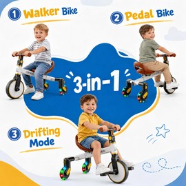 Ridego 3-in-1 Toddler Tricycle for 2-5 Years, Drift Trike with 360° Spin, Light Up Wheels, Adjustable Seat, Toddler Bike for Boys Girls