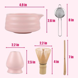5PCS Matcha Set Matcha Bowl with Spout,Ceramic Whisk Holder,Matcha Whisk,Bamboo Matcha Scoop and Stainless Steel Sifter Matcha Tea Set for Matcha Tea Ceremony Tea Culture Lovers Pink