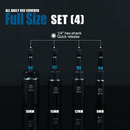 Facoow Wing Nut Driver Set -4 Pcs Power Wing Nut Socket Bit for Wing Nut, Eye Bolt, Screw Hook, Wire Twisting, Durable CR-V Steel, Color-coded 9mm, 12mm, 15mm, 18mm Sizes for Easy Selection