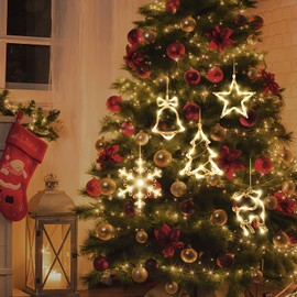 LYUBASA [Timer] 5Pcs Christmas Window Lights Decorations,Battery Powered Christmas Hanging Warm White Lighted Snowflake Tree Star Deer Bells Shaped LED Sucker for Xmas Tree Fireplace Indoor Decor