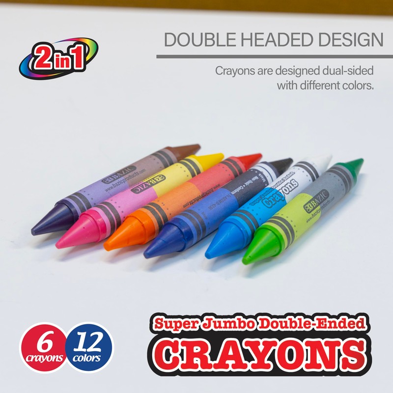 BAZIC Dual Sided Super Jumbo Crayons Premium 12 Colors, Non