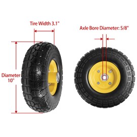 LTNICER 10" Solid Rubber Tires and Yellow Wheels 4.10/3.50-4 (10 x 3.5) Flat Free Tire with 5/8" Bearings,Heavy-Duty Replacement Tire For Gorilla Carts,Wagon,Wheelbarrow,Garden cart(2 Pack)