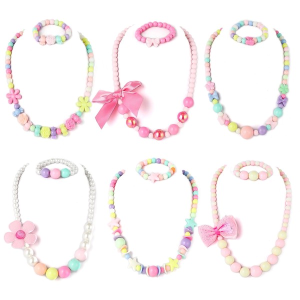 PinkSheep Beaded Necklace and Beads Bracelet for Kids, 6 Sets, Little Girls Jewelry Sets, Favors Bags for Girls
