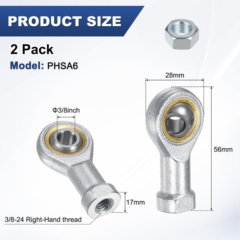 M METERXITY 2-Pack PHSA6 Rod End Bearing, 3/8 Inch Bore