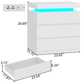Nightstand with Charging Station and LED Lights, Night Stand with 3 Storage Drawers, Modern Bedside Table for Bedroom, End Side Table for Living Room (White)