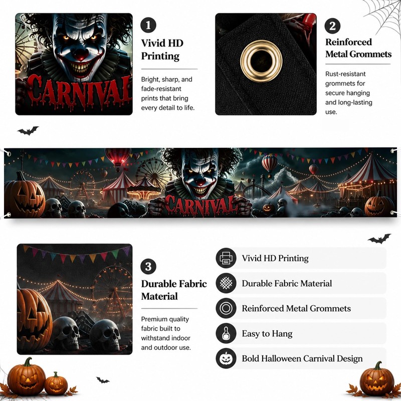 Halloween Carnival Banner, 118 x 19.7 Inch Dark Clown Circus