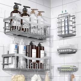 EUDELE 5-Pack Rustproof Stainless Steel Shower Caddy Set– No Drill Adhesive Bathroom Organizer, Space-Saving Shower Shelves for Apartment Essentials, Bathroom/Kitchen Storage Home Decor-L Size