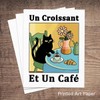 French Cafe Croissant Cat Print, Retro Drink Poster, Dining Room