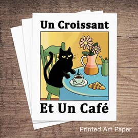 French Cafe Croissant Cat Print, Retro Drink Poster, Dining Room Print, Bistro Coffee Posters, Un Cafe Sil Vous Plait, Kitchen Decor Trendy Kitchen Decor (11 X 14 INCH Print Unframed)